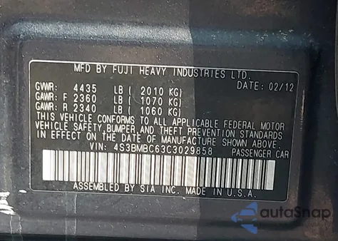 2012 Subaru Legacy 2.5I Premium z USA, uszkodzony, nr VIN 4S3BMBC63C3029858